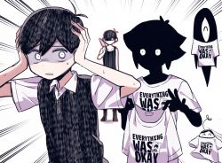 Rule 34 | 3boys, ^ ^, antenna hair, bare arms, bare shoulders, behind another, black hair, black skin, black socks, black sweater vest, black tank top, buttons, clenched teeth, closed eyes, clothes writing, collarbone, collared shirt, colored skin, commentary request, double-parted bangs, emphasis lines, english text, facing viewer, fingernails, full body, hair between eyes, hands on own head, hatching (texture), holding, holding knife, holding shirt, holding unworn clothes, knife, looking at another, multiple boys, multiple persona, official alternate eye color, omoli (omori), omori, omori (omori), outline, red outline, shaded face, shirt, short hair, short sleeves, simple background, socks, something (omori), standing, stranger (omori), sunny (omori), sweat, sweater vest, t-shirt, tank top, teeth, unworn shirt, upper body, very short hair, white background, white eyes, white shirt, white skin, yutsu