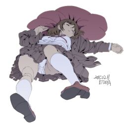 1girl artist_name blouse brown_hair brown_jacket brown_skirt closed_eyes dated edoya_inuhachi flat_color gunslinger_girl henrietta_(gunslinger_girl) jacket jacket_on_shoulders kneehighs lying medium_hair muted_color neck_ribbon open_clothes open_jacket open_mouth outstretched_hand panties pantyshot pillow pleated_skirt ribbon shirt shoes signature skirt sleeping socks solo solo_focus underwear white_panties white_shirt white_socks