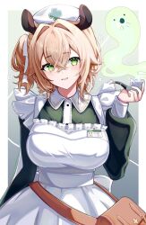 1girl animal_ears apron blonde_hair collared_dress dress green_dress green_eyes hair_ribbon hashtag-only_commentary hat highres holding holding_smoking_pipe indie_virtual_youtuber naplings_(nimi_nightmare) nimi_nightmare noroi_(noroi_03) nurse_cap open_mouth ribbon side_ponytail smoking_pipe tapir_ears tapir_girl virtual_youtuber waist_bag white_apron white_ribbon