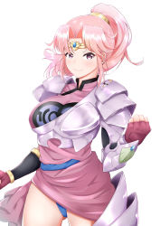 &gt;:) 1girl absurdres armor blue_sash blush bracer breastplate breasts circlet commentary_request cowboy_shot dragon_quest dragon_quest_dai_no_daibouken dress female_focus fingerless_gloves furrowed_brow gloves highres large_breasts looking_at_viewer maam mochamillll pauldrons pink_dress pink_hair ponytail red_gloves sash shoulder_armor simple_background smile solo standing white_background