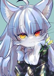 1boy :3 animal_ears aqua_background blue_fur blue_hair brown_jacket camouflage camouflage_jacket cat_boy cat_ears cowlick fur-trimmed_jacket fur_trim furry furry_male heterochromia highres jacket japan_air_self-defense_force_omaezaki_sub-base looking_at_viewer male_focus omaneko orange_eyes portrait smile snuq solo trap whiskers yellow_eyes