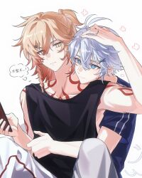 2boys antenna_hair black_shirt blue_eyes blue_shirt braid casual closed_mouth facial_tattoo grey_hair hair_ornament hairclip headpat highres holding holding_phone honkai:_star_rail honkai_(series) hug jxunnnno looking_at_another male_focus medium_hair multiple_boys mydei_(honkai:_star_rail) orange_hair phainon_(honkai:_star_rail) phone red_tattoo shirt short_hair short_sleeves simple_background sitting sleeveless sleeveless_shirt smile speech_bubble tattoo translation_request upper_body white_background yaoi yellow_eyes yellow_pupils