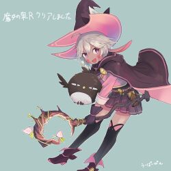 1girl ahoge animal_ears artist_name bird black_thighhighs boots cape dark_skin facepaint fang gloves hat looking_at_viewer lop_rabbit_ears open_mouth pieberry_(witch_springs) pink_eyes pleated_skirt purple_eyes rabbit_ears short_hair skirt smile solo staff thighhighs witch_hat witch_springs wu_ba_pin