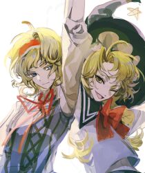 2girls alice_margatroid alternate_costume blonde_hair blue_eyes blue_vest braid fang hairband hat kirisame_marisa light_smile lolita_hairband long_hair long_sleeves looking_at_viewer medium_hair multiple_girls navel one_eye_closed open_mouth shirt short_sleeves smile touhou upper_body vest wavy_hair white_background white_shirt witch_hat xian_qishui yellow_eyes