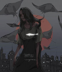 1girl animal_ears black_hair cityscape closed_eyes commentary dated english_commentary english_text engrish_commentary engrish_text fish flying_fish glowing_animal glowing_fish green_overalls green_shirt manta_ray medium_hair original overalls ranguage shirt signature skyline solo_focus standing sun teeth xi_zhang