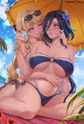 2girls armpit_crease bare_arms bare_shoulders beach bikini blonde_hair blue_bikini blue_eyes blue_flower blue_nails blue_sky blush breasts clorinde_(genshin_impact) closed_mouth collarbone drill_hair drill_sidelocks exlic eyewear_on_head fingernails flower food genshin_impact hair_between_eyes hair_flower hair_ornament hand_on_another&#039;s_cheek hand_on_another&#039;s_face hand_on_another&#039;s_stomach highres holding holding_food holding_ice_cream holding_ice_cream_cone huge_breasts ice_cream ice_cream_cone long_hair looking_at_another multicolored_hair multiple_girls multiple_scoops nail_polish navel navia_(genshin_impact) nose o-ring o-ring_bikini outdoors parted_lips purple_eyes purple_hair red_flower side-tie_bikini_bottom sidelocks sitting sky spread_legs stomach streaked_hair sunglasses swimsuit thighs underboob very_long_hair white_bikini yokozuwari yuri