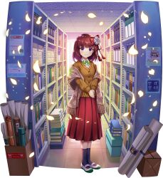 1girl alternate_costume bar_censor black_socks book book_stack bookshelf bow bowtie breasts brown_cardigan brown_scarf cardigan censored character_print closed_mouth collared_shirt falling_petals flower full_body game_cg green_bow green_bowtie hair_bow hair_flower hair_ornament hieda_no_akyuu hieda_no_akyuu_(academic_chronicle_of_perfect_memory) highres indoors kirisame_marisa kirisame_marisa_(dauntless_problem_child) library long_sleeves looking_at_viewer mary_janes medium_hair official_art own_hands_together petals plaid_clothes plaid_scarf pleated_skirt poster_(object) purple_eyes red_bow red_skirt rotte_(1109) scarf scroll shirt shoes skirt smile socks solo standing sweater third-party_source touhou touhou_lostword translation_request transparent_background uwabaki white_flower white_shirt white_shoes yellow_petals