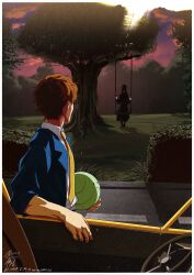 1boy 1girl absurdres amuro_ray black_dress black_hair blue_jacket border brown_hair bush car collared_shirt commentary commentary_request dated dress dress_shirt english_commentary facing_away grass gundam gundam_gquuuuuux haro highres jacket lalah_sune looking_at_another motor_vehicle necktie non-humanoid_robot on_swing open_clothes open_jacket outdoors road robot shirt short_hair signature sitting sleeves_rolled_up steering_wheel swing tree twilight white_border white_shirt xi_buang yellow_necktie