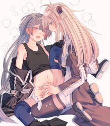 2girls black_necktie blonde_hair blush breasts brown_necktie clothed_sex collared_dress dress duel_monster emptyayya gloves grey_hair head_steam highres long_hair long_sleeves multiple_girls necktie red_eyes simple_background sky_striker_ace_-_raye sky_striker_ace_-_roze sweat two-tone_dress white_background yu-gi-oh! yuri