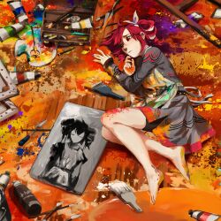 1girl absurdres album_cover apron barefoot bow briefcase cadmium_colors_(synthesizer_v) can canvas_(object) closed_mouth commentary cover drill_hair easel english_commentary frown furrowed_brow grey_shirt grey_skirt hair_bow highres kasane_teto kasane_teto_(sv) lying messy multicolored_background multicolored_hair on_floor on_ground on_side paint_on_body paint_on_clothes paint_on_hands paint_splatter paint_tube paintbrush painting_(object) paint_palette palette_knife red_eyes red_hair red_nails red_trim reverieque sad shirt short_hair skirt solo streaked_hair synthesizer_v twin_drills utau white_bow white_hair wooden_floor