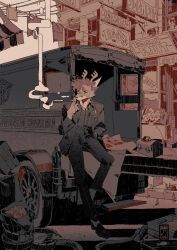 1boy ambulance animal_ears animal_nose antique_car antlers apple artist_logo big_squid_man billboard black_suit bottle box breast_pocket bucket building closed_mouth clothes clothes_pin clothesline collared_shirt crate deer_boy dress_shoes english_text film_grain first_aid_kit fish food formal_clothes fruit furry furry_male hand_in_pocket hand_up hatching_(texture) highres holding horns lamppost lapels leaning_against_vehicle limited_palette linear_hatching logo long_sleeves looking_to_the_side male_focus market market_stall open_collar original outdoors pants pocket rope shadow shirt shoes short_hair sign smoke smoking snout solo suit unused_tire vest waistcoat wide_shot window wooden_bucket