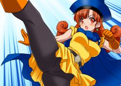 1girl alena_(dq4) belt black_pantyhose blue_background blue_cape blue_hat blunt_bangs boots breasts buckle cape clenched_hand commentary_request dragon_quest dragon_quest_iv earrings floating_cape floating_clothes floating_earrings floating_hair gem gloves green_gemstone hat high_kick highres jewelry kicking long_hair looking_to_the_side medium_breasts open_mouth orange_boots orange_eyes orange_gloves orange_hair pantyhose solo sphere_earrings tunic yellow_tunic yuuyuu_(3jjbn)
