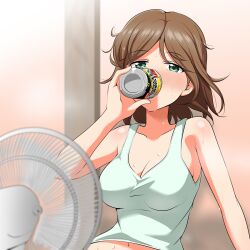 Rule 34 | 1girl, alternate hairstyle, barkhorn0331, blurry, blush, brown hair, can, cinderella series, closed mouth, collarbone, depth of field, drinking, drunk, electric fan, green eyes, hachigatsu no cinderella nine, highres, holding, holding can, indoors, kakehashi momoko, messy hair, navel, short hair, solo, steam, sweat, tank top, upper body, white tank top