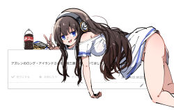 :d azur_lane blue_eyes brown_hair caseee999 chips_(food) cola food from_side headphones highres long_hair long_island_(azur_lane) long_island_(long_island_-_indoor_slacker)_(azur_lane) looking_at_viewer odaibako official_alternate_costume open_mouth potato_chips request_inset shirt simple_background smile v white_background white_shirt