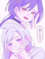 Rule 34 | 2girls, :d, black hair, ceras yanagida lilienfeld, closed mouth, commentary, dress, edel note, flustered, grey dress, grey eyes, grey hair, hair ornament, hair ribbon, hasu no sora school uniform, highres, katsuragi izumi, kzkz lvlv, link! like! love live!, long hair, love live!, multiple girls, open mouth, orange eyes, pink ribbon, purple theme, ribbon, school uniform, sidelocks, smile, speech bubble, spot color, summer uniform, translated, triangle hair ornament, tsundere, turtleneck, twitter username, virtual youtuber, wolf cut, yuri