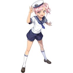 1girl ankle_socks blue_neckerchief blue_sailor_collar blue_shorts dolphin_wave game_cg hat hat_tip highres looking_at_viewer neckerchief non-web_source official_art ootomo_takuji open_mouth pink_eyes pink_hair sailor sailor_collar sailor_shirt shirt shorts smile socks solo transparent_background urami_kana