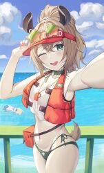 1girl 2girls animal_ears asphyxiation bikini brown_hair cloud drowning eyewear_on_head green-tinted_eyewear green_bikini green_eyes hat highres indie_virtual_youtuber life_vest lifeguard multiple_girls navel nimi_nightmare nimi_nightmare_(lifeguard) ocean one_eye_closed open_mouth pink_nails railing red_hat rooby_n sameko_saba selfie sky smile swimsuit tail tapir_ears tapir_girl tapir_tail tinted_eyewear visor_cap whistle