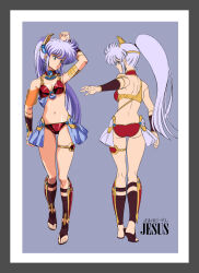 1girl arm_up armor armpits ass bikini bikini_armor bracer breasts circlet cleavage feet from_behind full_body highres jewelry kabashima_yousuke kneepits legend_of_lemnear lemnear long_hair looking_back multiple_views navel ponytail red_bikini sandals standing stomach swimsuit thighlet thighs toes white_hair