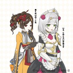 2girls armor armored_dress asymmetrical_sidelocks black_pantyhose chiori_(genshin_impact) dress drill_hair drill_ponytail flower gauntlets genshin_impact green_eyes grey_hair hachigatuyouka hair_ornament hair_stick japanese_clothes maid_headdress multiple_girls noelle_(genshin_impact) pantyhose red_eyes red_flower red_rose rose shoulder_armor