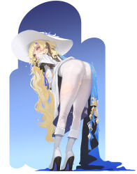 1girl ass black_bow black_collar blonde_hair blue_sash boots bow collar from_behind hair_ornament hat high_heel_boots high_heels highres leaning_forward long_hair looking_at_viewer looking_back pantyhose pantylines phoebe_(wuthering_waves) sash sb_(dlwnsrl1783) skirt solo striped_bow torn_clothes torn_pantyhose wavy_hair white_boots white_hat white_pantyhose white_skirt wuthering_waves x_hair_ornament