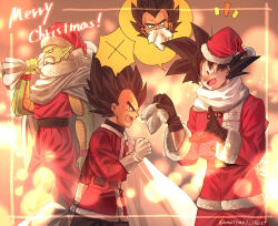 3boys alien black_eyes black_gloves black_hair coat colored_skin cowboy_shot dragon_ball dragonball_z fake_beard fake_facial_hair fur-trimmed_coat fur_trim gift_bag gloves green_skin hat male_focus mattari_illust merry_christmas multiple_boys namekian open_mouth piccolo poi pom_pom_(clothes) santa_costume santa_hat scarf smile son_goku speech_bubble spiked_hair spoken_character twitter_username vegeta white_beard white_gloves white_scarf