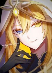 Rule 34 | 1girl, blonde hair, blue eyes, close-up, double helix, finger to cheek, genshin impact, gold trim, head tilt, heterochromia, highres, hood, hood up, long hair, looking at viewer, moyashi k1130, rhinedottir (genshin impact), smile, solo, symbol-shaped pupils, twitter username, yellow eyes