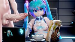 1girl 3d absurdres blue_eyes blue_hair cum cum_in_container cum_in_mouth cum_on_food cum_string female_focus gs-mantis hatsune_miku highres lips nipples see-through_clothes see-through_shirt shirt upper_body v vocaloid