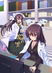 2girls black_choker breasts brown_hair character_request choker cleavage coat collarbone commentary_request commission floating_paper highres holding holding_paper lab_coat multiple_girls no_pupils okuribi open_clothes open_coat open_mouth paper rance_(series) red_eyes skeb_commission typing