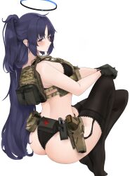 1girl ass belt black_bra black_garter_straps black_gloves black_panties black_thighhighs blue_archive blush bra fte_(fifteen_199) garter_straps gloves gun half_updo halo handgun hands_on_own_knees highres holstered long_hair looking_at_viewer looking_to_the_side median_furrow military panties purple_eyes purple_hair simple_background solo thighhighs underwear utility_belt utility_vest very_long_hair vest weapon white_background yuuka_(blue_archive)