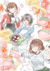 3girls abyssal_ship ahoge apron asahi_(kancolle) black_hakama blue_sweater brown_hair chougei_(kancolle) chougei_(spring)_(kancolle) closed_eyes clothes_around_waist coat cooking_pot enemy_lifebuoy_(kancolle) food food_art green_jacket grey_headband hair_flaps hair_ornament hakama headband highres jacket jacket_around_waist japanese_clothes jingei_(kancolle) jingei_(spring)_(kancolle) kantai_collection kirisawa_juuzou low_ponytail mochi mole mole_under_mouth multiple_girls oven_mitts pants parody ponytail red_coat ribbon sakura_mochi shirt short_hair striped_clothes striped_shirt sweater tako-san_wiener thumbs_up wagashi whale_hair_ornament white_apron white_pants white_ribbon