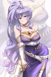 1girl bare_shoulders breasts bridal_gauntlets burnt_green_tea cleavage closed_mouth commentary dress elbow_gloves english_commentary fire_emblem fire_emblem:_genealogy_of_the_holy_war gloves gold_trim highres ishtar_(fire_emblem) jewelry large_breasts long_hair looking_at_viewer nintendo ponytail purple_eyes purple_hair sleeveless sleeveless_dress solo thighhighs very_long_hair white_gloves white_thighhighs