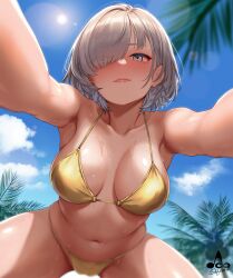 1girl armpits bare_arms bare_shoulders bikini blush breasts cleavage closed_mouth collarbone day eyes_visible_through_hair gold_bikini grey_eyes grey_hair hair_over_one_eye highres infinote large_breasts looking_at_viewer navel original outdoors paid_reward_available sashou_mihiro_(infinote) short_hair smile solo stomach swimsuit
