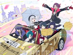 Rule 34 | 1other, 2boys, 3girls, :d, ^ ^, beret, black hair, black hat, black jacket, black pants, blue hair, car, character request, closed eyes, ferris wheel, floating hair, gloves, grey hair, hair between eyes, hair ornament, hair over one eye, hairclip, hat, highres, holding, holding umbrella, jacket, long hair, motor vehicle, multiple boys, multiple girls, nijisanji, ninahachi, open mouth, outstretched arms, pants, purple hair, red eyes, red gloves, ryuushen, shirt, sitting, smile, spread arms, translation request, umbrella, very long hair, watarai hibari, watarai hibari (1st costume), watermark, white shirt, white umbrella, x hair ornament