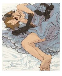1girl bare_shoulders barefoot black_gloves blue_dress blush closed_eyes crown dress gloves highres idolmaster idolmaster_cinderella_girls jewelry lace lace-trimmed_gloves lace_trim lying necklace on_side open_mouth short_hair smile soles solo syouyumochi33 tada_riina toes