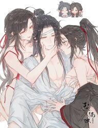 Rule 34 | 1boy, 2girls, ahoge, artist request, backless outfit, bare shoulders, black hair, black hanfu, branded, breast press, breasts, camisole, chest sarashi, chibi, chibi inset, chinese clothes, chinese commentary, cleavage, closed mouth, clothes down, collarbone, commission, dudou, ffm threesome, genderswap, genderswap (mtf), grey eyes, group sex, hair down, hair ribbon, half updo, hand on another&#039;s face, hand on another&#039;s stomach, hanfu, headband, hetero, highres, kneeling, lan wangji, large breasts, lipstick mark, long hair, long sleeves, looking at another, modao zushi, multiple girls, nail polish, nipple slip, nipples, off shoulder, official alternate hairstyle, one eye closed, open clothes, open robe, panties, pectoral cleavage, pectorals, ponytail, red camisole, red eyes, red nails, red panties, red ribbon, ribbon, robe, sarashi, second-party source, side-tie panties, sidelocks, simple background, sitting, smile, threesome, topknot, underwear, watermark, wei wuxian, wei wuxian (yiling laozu), white background, white hanfu, wide sleeves, xiao guan (headdress), yellow eyes