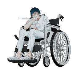 1boy commentary_request covered_mouth full_body hair_between_eyes highres looking_at_viewer maelo male_focus meguriya_ayumu pants shirt shoes short_hair simple_background sitting solo toshi_densetsu_kaitai_center wheelchair white_background white_pants white_shirt white_shoes yellow_eyes