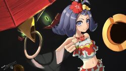 1girl absurdres acerola_(pokemon) black_background collarbone eriott flower gen_7_pokemon glowing glowing_eyes green_eyes hair_flower hair_ornament highres legendary_pokemon looking_at_viewer midriff navel nintendo official_alternate_costume pointing pokemon pokemon_(creature) pokemon_masters_ex purple_eyes purple_hair signature smile tapu_bulu