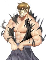 Rule 34 | 1boy, abs, alternate costume, bara, brown eyes, brown hair, commentary request, eikthyrnir (fire emblem), exploding clothes, fire emblem, fire emblem heroes, flexing, highres, japanese clothes, large pectorals, male focus, mask, menonn141, mouth mask, muscular, muscular male, nintendo, pectorals, short hair, simple background, solo, white background