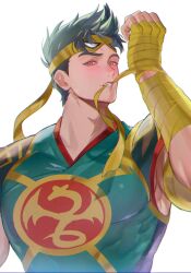1boy adam&#039;s_apple arm_wrap bandage_in_mouth black_hair brown_eyes commentary covered_abs covered_pectorals highres hoshiimopotato iron_fist_(marvel) lin_lie_(marvel) male_focus marvel marvel_rivals mask_lift muscular muscular_male pectorals short_hair sideburns simple_background solo teeth upper_body v-neck white_background yellow_mask