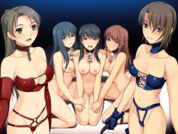 Rule 34 | 5girls, assistant, bare shoulders, bdsm, black eyes, blue hair, blush, bondage, bound, breasts, brown eyes, brown hair, cleavage, collar, dominatrix, covered erect nipples, female focus, femdom, game cg, gloves, groin, hand on shoulder, happy, kan-in tokkyuu matsuba, kneeling, large breasts, long hair, looking at viewer, midriff, multiple girls, navel, nipples, nude, open mouth, ponytail, sakurajima saromako, short hair, sitting, slave, smile, standing, take your pick, tsurumiku, whip, yellow eyes