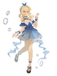 1girl absurdres ankle_socks back_bow bare_shoulders beret black_bow black_shoes blonde_hair blue_bow blue_bowtie blue_choker blue_dress blue_sleeves blue_wrist_cuffs bow bow_choker bowtie breasts brown_eyes bubble bubbly_voyage_(infinity_nikki) choker cleavage closed_mouth collared_dress detached_sleeves dress euphonnia eyelashes footwear_bow frilled_choker frilled_dress frilled_sleeves frilled_socks frilled_wrist_cuffs frills full_body genshin_impact hair_between_eyes hair_intakes hair_rings happy hat hat_bow hat_ornament highres infinity_nikki leg_up looking_ahead lumine_(genshin_impact) mary_janes medium_hair nikki_(series) pleated_dress shoes short_sleeves sidelocks simple_background smile socks solo standing star_(symbol) star_hat_ornament strapless strapless_dress striped_clothes striped_dress vertical-striped_clothes vertical-striped_dress white_background white_hat white_socks wrist_cuffs