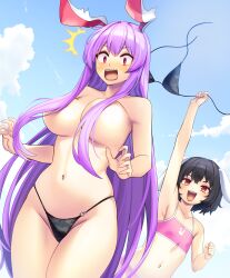 Rule 34 | 2girls, ^^^, absurdres, animal ears, bikini, black bikini, black hair, blue sky, blush, breasts, clothes theft, commentary request, cowboy shot, day, flat chest, floppy ears, groin, hair over breasts, highres, inaba tewi, large breasts, long hair, looking down, multiple girls, navel, open mouth, outdoors, pink bikini, purple hair, rabbit ears, rabbit girl, red eyes, reisen udongein inaba, short hair, sky, surprised, swimsuit, swimsuit theft, tarmo, theft, topless female, touhou, very long hair