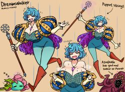 1girl absurdres blue_hair breasts english_text highres mole mole_on_breast murgoten sleeping staff