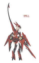 1girl absurdres blonde_hair blue_eyes from_behind full_body high_heels highres holding holding_sword holding_weapon joints long_hair looking_at_viewer looking_back mecha_musume original simple_background solo standing sword takanashi_makino weapon white_background