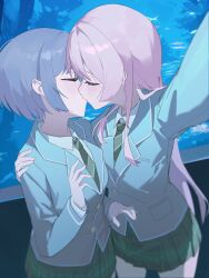 2girls absurdres aquarium artist_request bang_dream! bang_dream!_it&#039;s_mygo!!!!! blush chihaya_anon chinese_commentary closed_eyes collared_shirt commentary_request commission green_necktie green_skirt grey_hair grey_jacket hand_on_another&#039;s_shoulder haneoka_school_uniform highres indoors jacket kiss long_hair multiple_girls necktie pink_hair pleated_skirt school_uniform second-party_source selfie shirt short_hair skirt takamatsu_tomori white_shirt yuri
