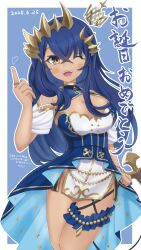 Rule 34 | 1girl, absurdres, blue background, blue dress, blue hair, blue nails, blush, breasts, brown eyes, brown horns, cleavage, cleavage cutout, clothing cutout, commentary request, cowboy shot, crossed bangs, crown, dark-skinned female, dark skin, dated, demon girl, demon horns, demon tail, detached sleeves, dress, fingernails, floating crown, frilled thigh strap, highres, horns, index finger raised, large breasts, long hair, looking at viewer, mini crown, mitsuru aga, nanashi inc., one eye closed, open mouth, pointy ears, puffy detached sleeves, puffy sleeves, shimamura charlotte, shimamura charlotte (9th costume), sidelocks, sleeveless, sleeveless dress, smile, solo, tail, teeth, thigh strap, two-tone background, upper teeth only, virtual youtuber, white background, white sleeves