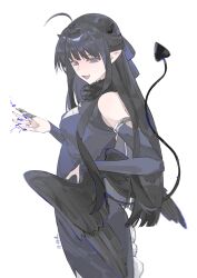 1girl absurdres ahoge artist_name awa_subaru black_dress black_hair chinese_commentary claws commentary_request demon_horns demon_tail detached_sleeves dress evenf fang feathered_wings girls_band_cry hand_on_own_hip highres horns long_hair looking_at_viewer low_wings magic open_mouth pointy_ears purple_eyes simple_background smile solo tail white_background wings