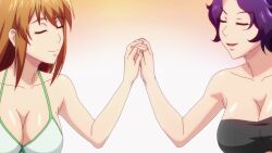 Rule 34 | 2girls, animated, anime screenshot, bare shoulders, bikini, black bikini, blush, breasts, brown eyes, brown hair, cleavage, collarbone, grand blue, hamaoka azusa, highres, holding hands, kotegawa nanaka, large breasts, long hair, looking at viewer, medium hair, multiple girls, pink eyes, pointing, pointing at viewer, purple hair, sidelocks, smile, strapless, strapless bikini, swimsuit, tagme, video, white bikini