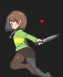 1other ass black_background black_pantyhose black_shorts blush bob_cut brown_hair chara_(undertale) closed_mouth commentary_request dagger double-parted_bangs foot_out_of_frame from_behind gold_necklace green_shirt hair_between_eyes heart holding holding_dagger holding_knife holding_weapon jewelry kneeling knife leaning_forward looking_at_viewer looking_back necklace no_shoes oshiruko_(tsume) other_focus outline outstretched_arm pantyhose red_eyes shirt short_hair short_shorts shorts sideways_glance simple_background smile solo striped_clothes striped_shirt toes two-tone_shirt undertale weapon white_outline yellow_shirt