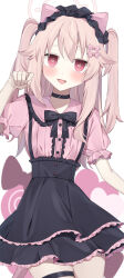 1girl :d absurdres alternate_costume black_choker black_skirt blonde_hair blue_archive blush bow center_frills choker commentary_request frilled_skirt frills hair_between_eyes hair_ornament hairclip halo hanasaki_rin heart heart-shaped_pupils highres jirai_kei looking_at_viewer natsu_(blue_archive) open_mouth pink_bow pink_eyes pink_halo pink_shirt puffy_short_sleeves puffy_sleeves shirt short_sleeves skindentation skirt smile solo suspender_skirt suspenders symbol-shaped_pupils thigh_strap tongue white_background